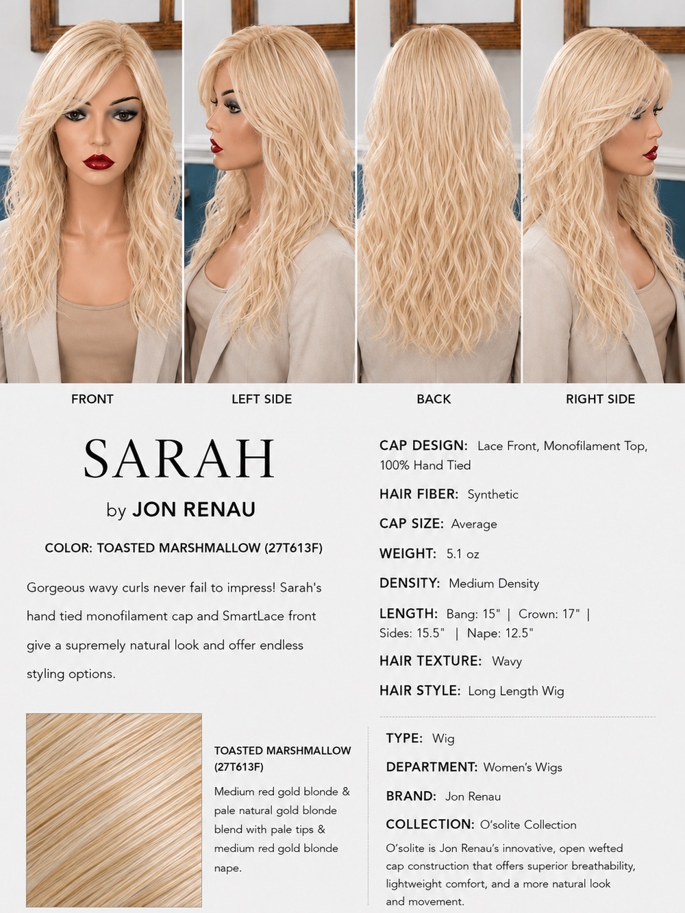 Jon Renau Sarah Long Wavy Wig in Toasted Marshmallow Blonde